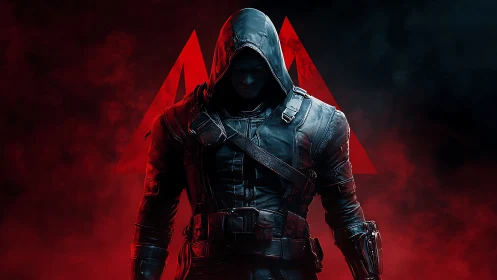 Hooded tactical assassin in red fog with triangular sigil backdrop