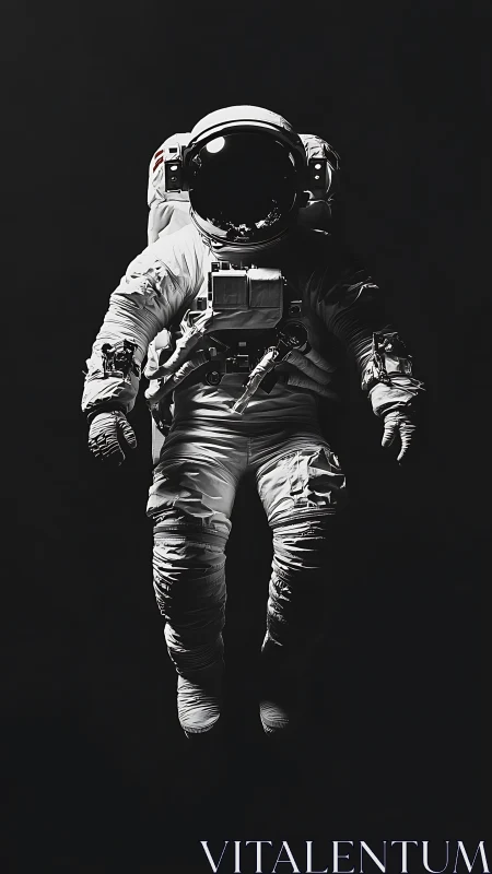 Solitary spacewalker drifts in a void of sculpted shadow.