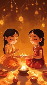 Diwali celebration digital art with two festive girls sharing diyas.