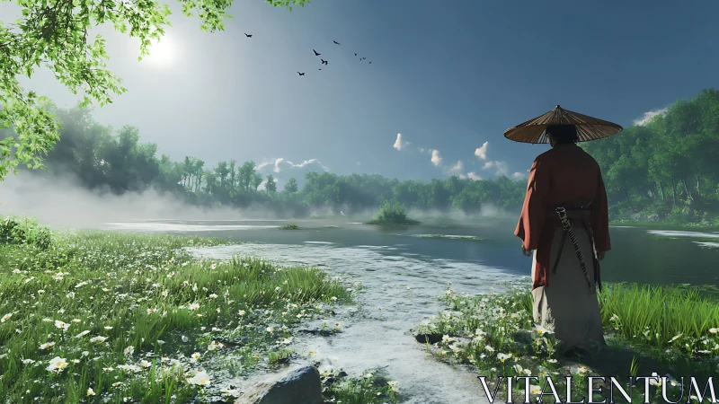 Samurai observer examines misty riverside ecosystem at sunrise