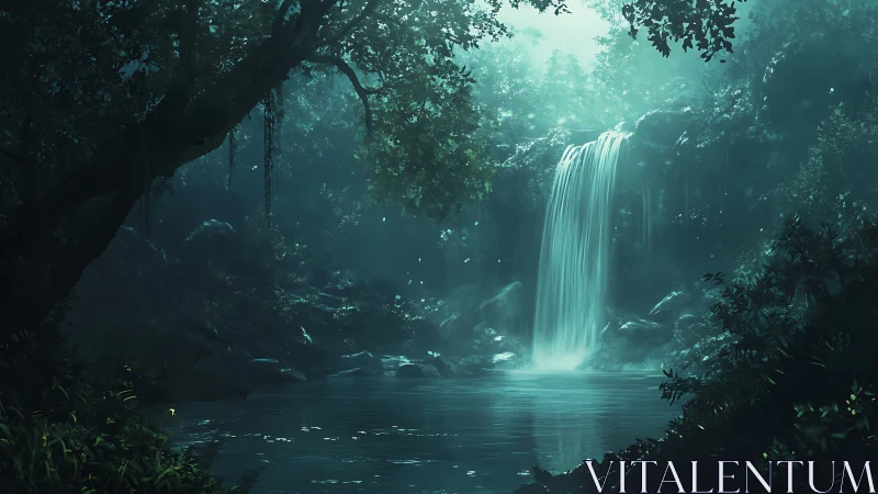 Luminescent waterfall cascades through an ancient forest sanctuary