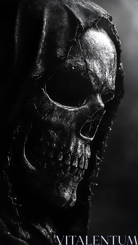 Hooded skeletal visage in high-contrast photoreal render.
