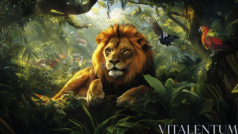 Regal lion resting in sunlit jungle with vibrant wildlife.