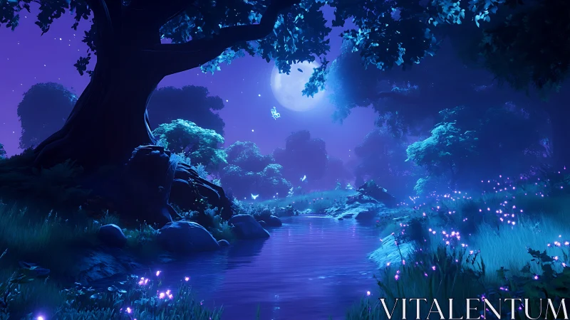 Enchanted moonlit forest river glows with bioluminescence.