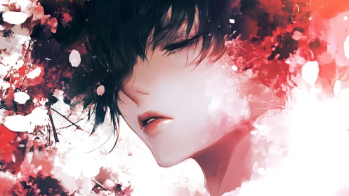 Dreaming profile amid scarlet splashes and pale light.