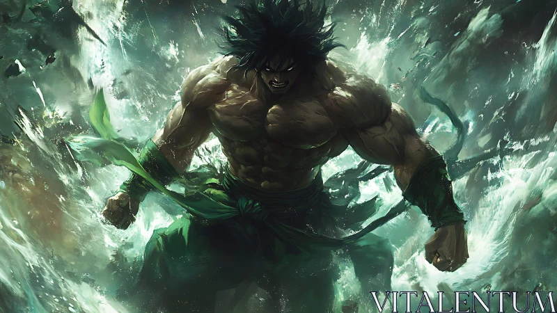 Muscular warrior in turbulent green energy vortex environment.
