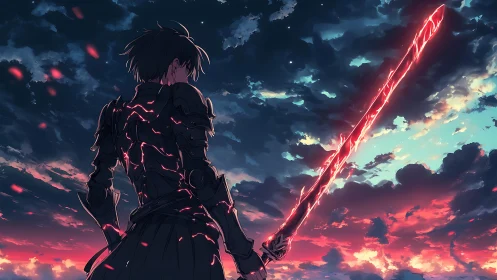 Backlit warrior with energy sword against twilight skyscape.