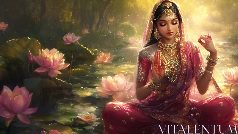 Lotus pond meditation with jeweled Indian woman in sari.