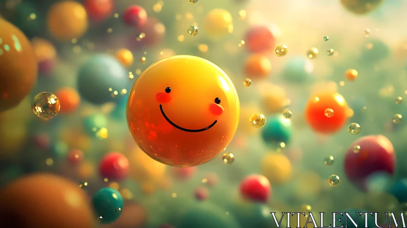 Cheerful Smiling Balloon Amid Colorful Floating Spheres, Digital Art.