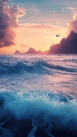 Coastal seascape with waves, distant mountains and clouds.