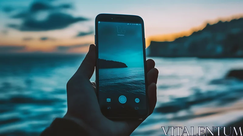 Hand holding smartphone capturing seascape at sunset
