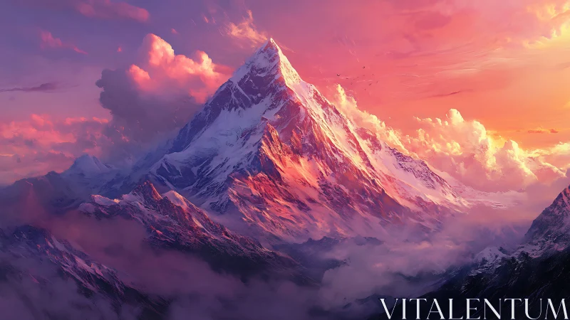 Sunlit summit rising through painted cotton clouds.