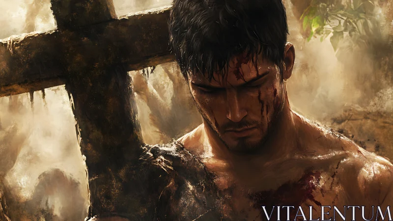 Digital painting of wounded warrior with cross in hazy light.