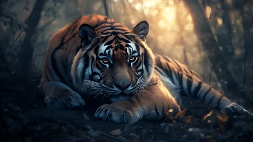 Low-key warm backlit tiger portrait in dense forest undergrowth