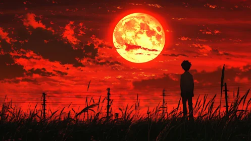 Silhouetted youth under blazing red moonlit horizon.