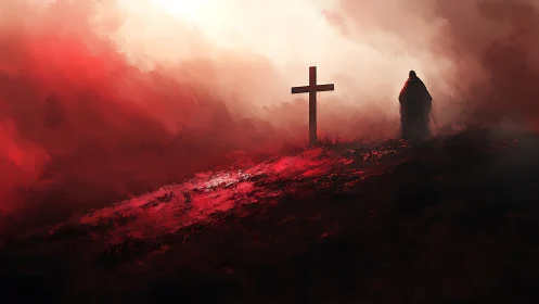 Silhouetted figure and cross contrast against blood-red storm sky