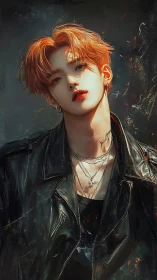 Androgynous red-haired figure in dark leather jacket portrait.