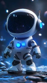 Compact robotic astronaut on rocky illuminated surface.