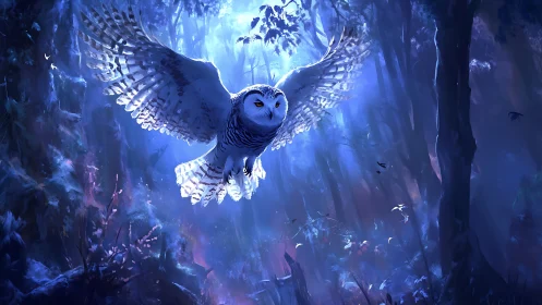 Majestic owl in flight through moonlit magical forest, digital art.