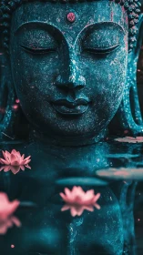 Gentle Buddha statue rests in tranquil water with soft lotus blooms