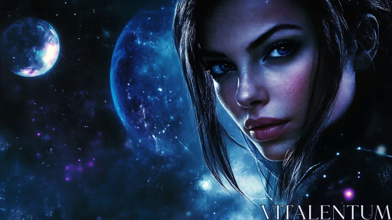 Stellar-eyed space heroine gazes over glowing nebula