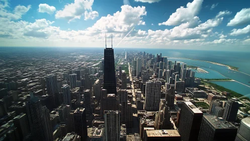 Skyscraper spine leads a sunlit city to shimmering water