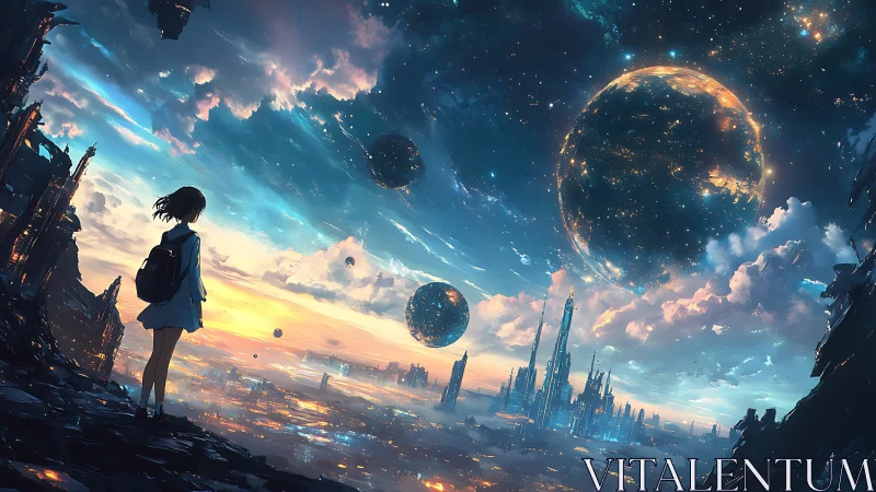 Stargazing girl on the edge of a glowing floating city.