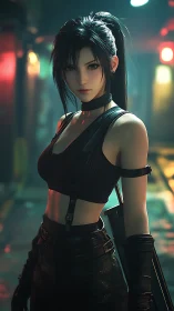 Cyberpunk warrior portrait in neon alleyway lighting.