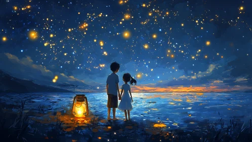 Two Children Watching Lanterns Rise Over Water at Dusk.