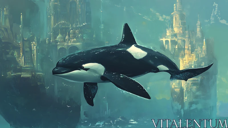 Orca swimming before luminous submerged sci fi citadel towers