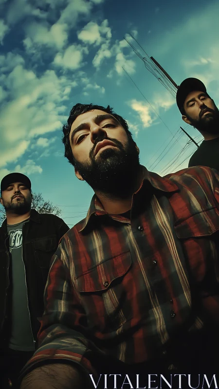 Low-angle trio portrait with dramatic sky and tonal grading.