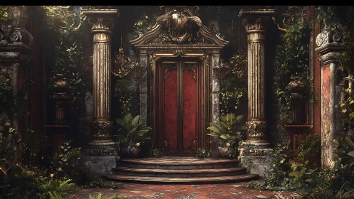 Ornate red palace doorway framed by overgrown greenery.