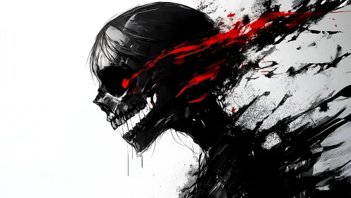 Skull profile dissolves into black strokes and red streaks