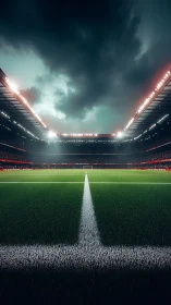 Floodlit football stadium frames dramatic stormy skyline