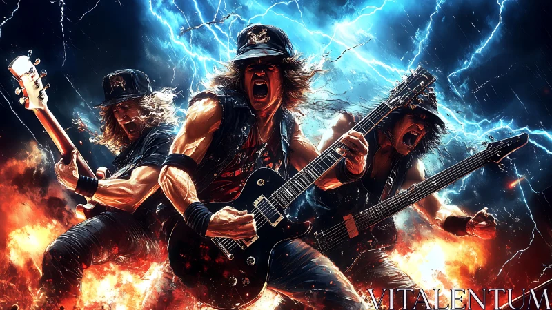 Electric guitarist trio amid stylized lightning and fire.