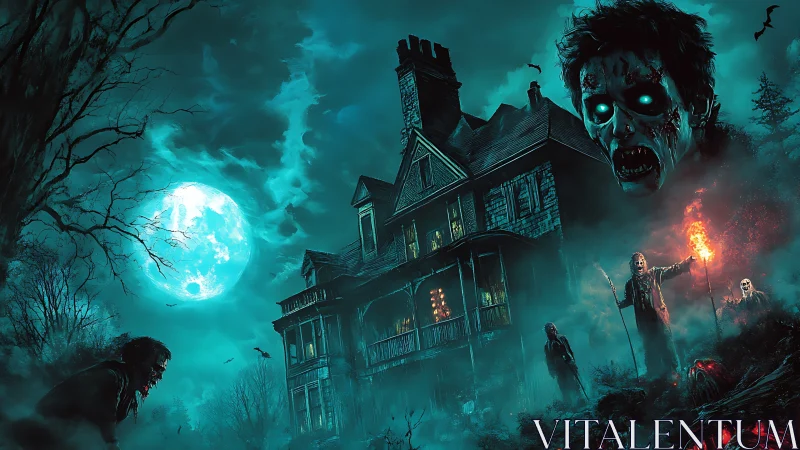 Haunted manor under eerie moonlight swarms with undead horrors.