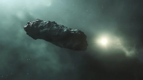3D-rendered interstellar asteroid with cinematic rim lighting.