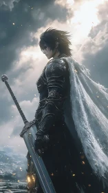 Storm-lit knight weighs destiny beneath a smoldering sky