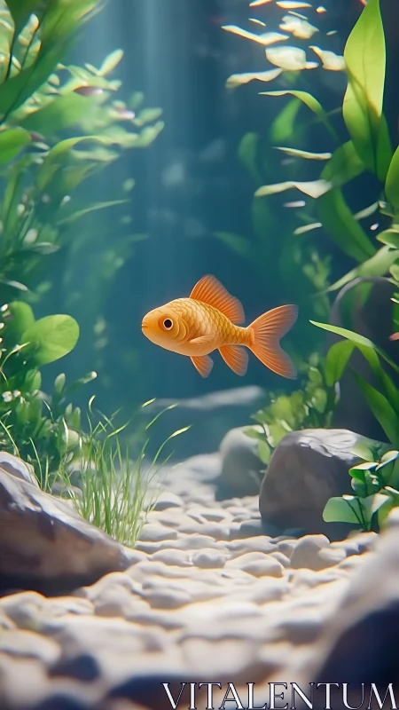 Sunlit goldfish drifts through a dream-bright riverbed garden.