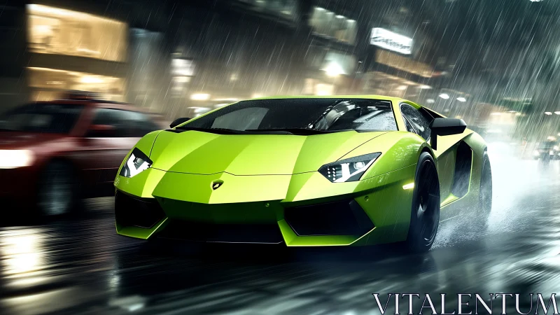 Neon green supercar knifes through rain-soaked city streets.