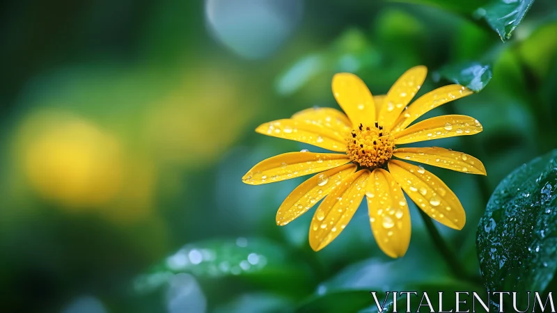 Yellow Daisy with Raindrops Against Soft Green Foliage.