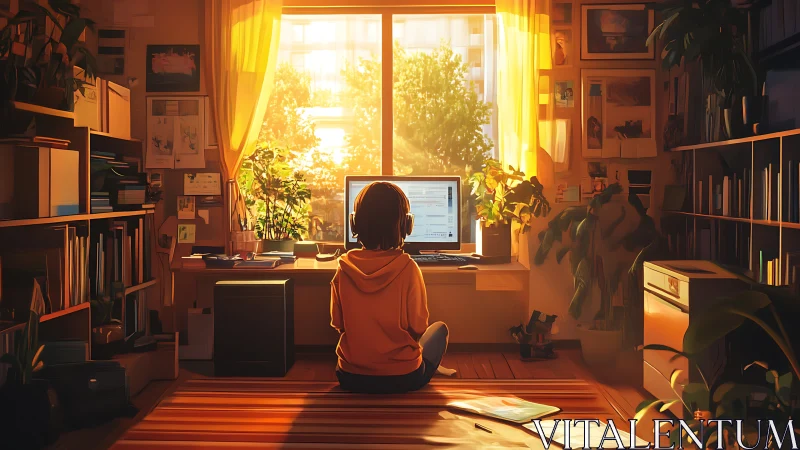 Digital workspace in golden hour backlight with seated user