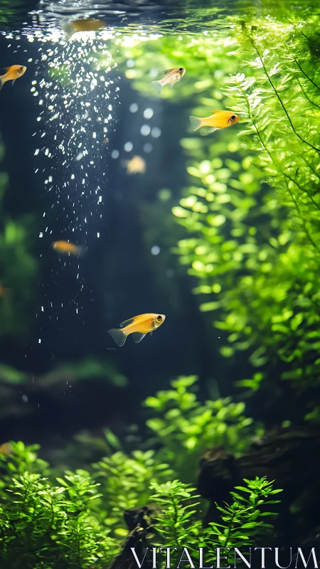 Golden fish drifting through a lush, sunlit aquarium forest.