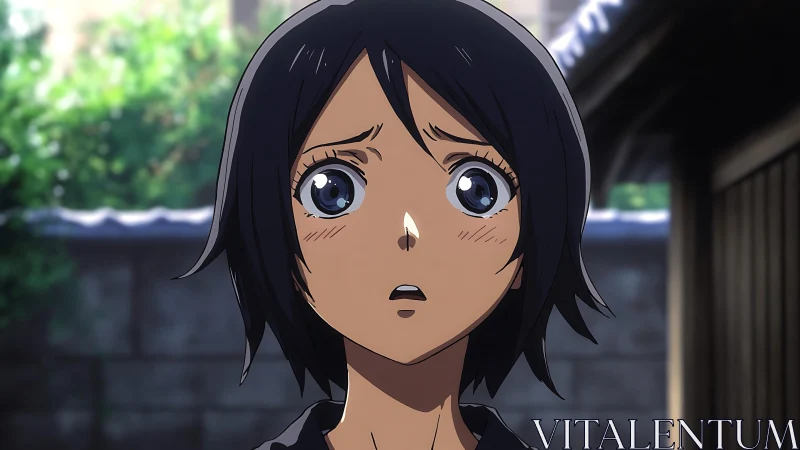 Worried anime girl gazes upward in a quiet alleyway.