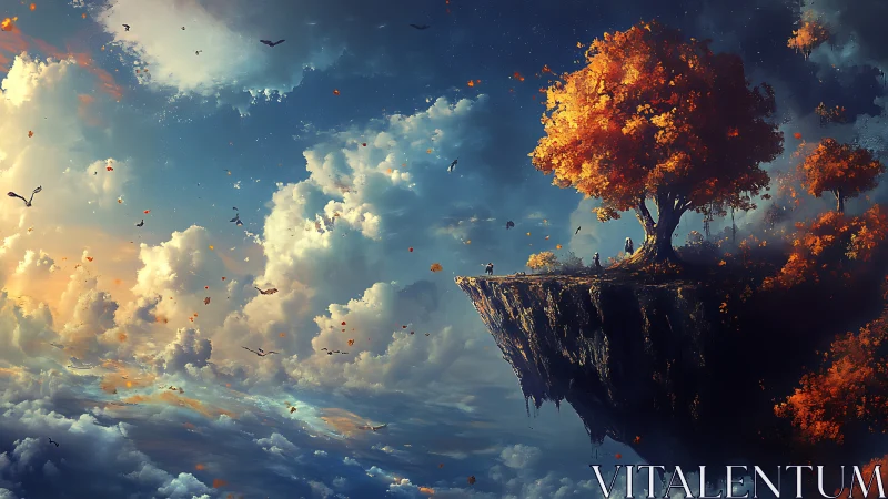 Floating Island with Golden Tree in Celestial Dreamscape.
