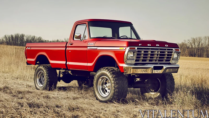 Lifted red classic Ford pickup truck parked in dry field