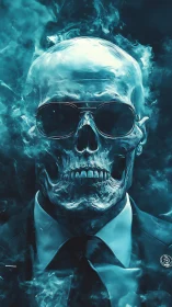 Cyberpunk spectral skull executive in teal vapor suit portrait.