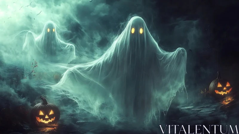 Glowing ghosts drift through misty Halloween marshlands