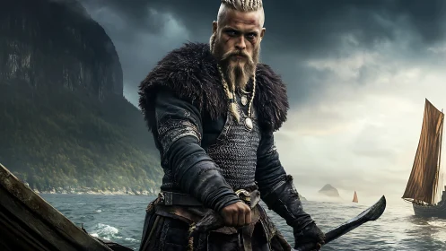 Bearded nordic warrior on longship in coastal waters.