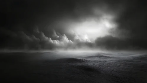 Monochrome volumetric seascape under turbulent stormfront.